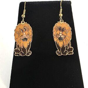 Vintage 1980s Lion Enamel Dangle Gold Tone Jewelry Earrings 1.5" Long